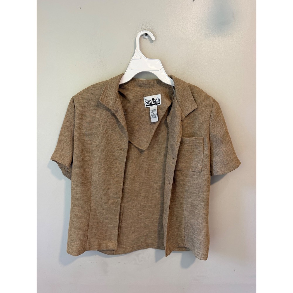 Sheri Martin New York Tan Short Sleeve Button Up Blazer Top Brown Size 8